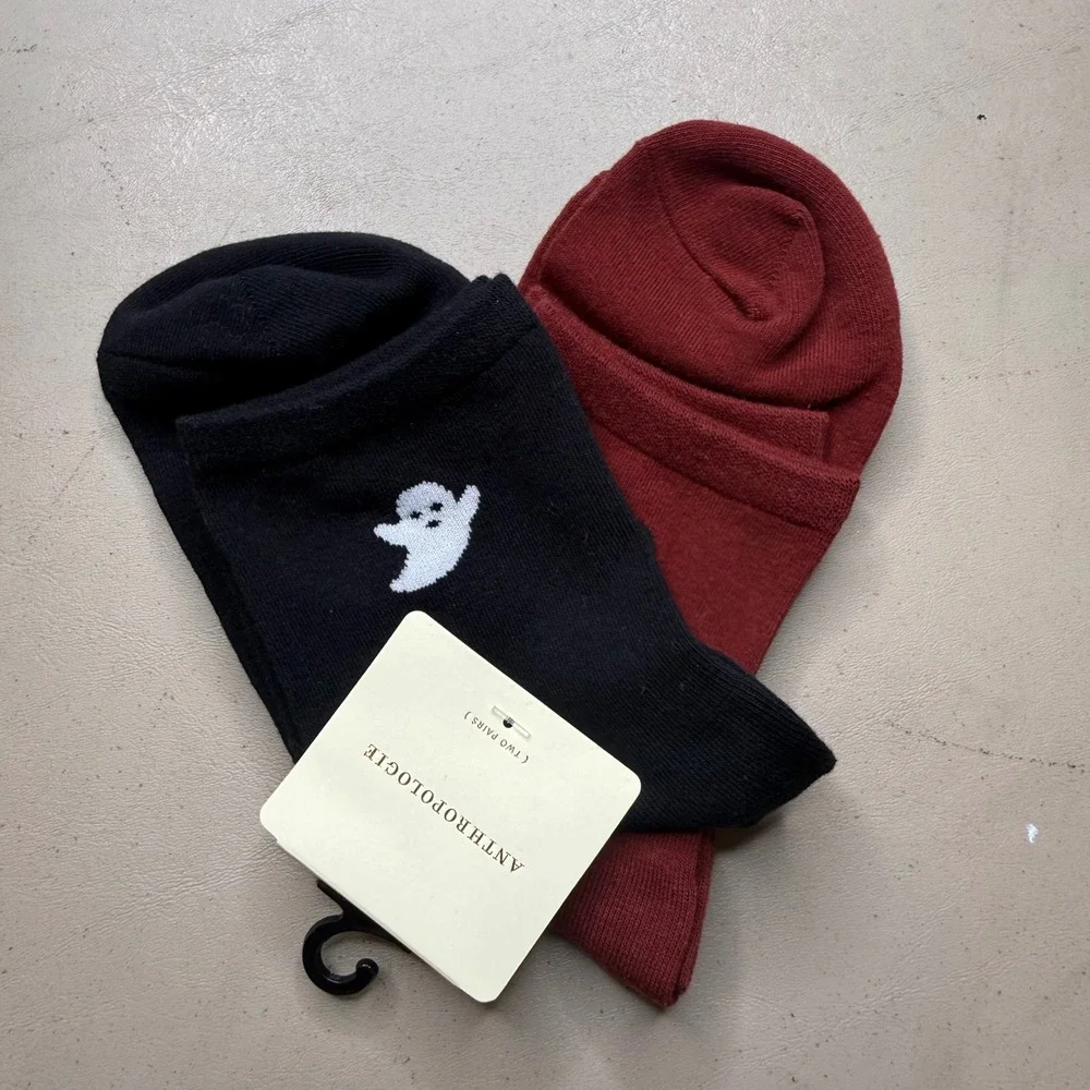 Anthropologie Halloween Socks Women OS Black Burgundy Ghost Cat 2-Pack Spooky